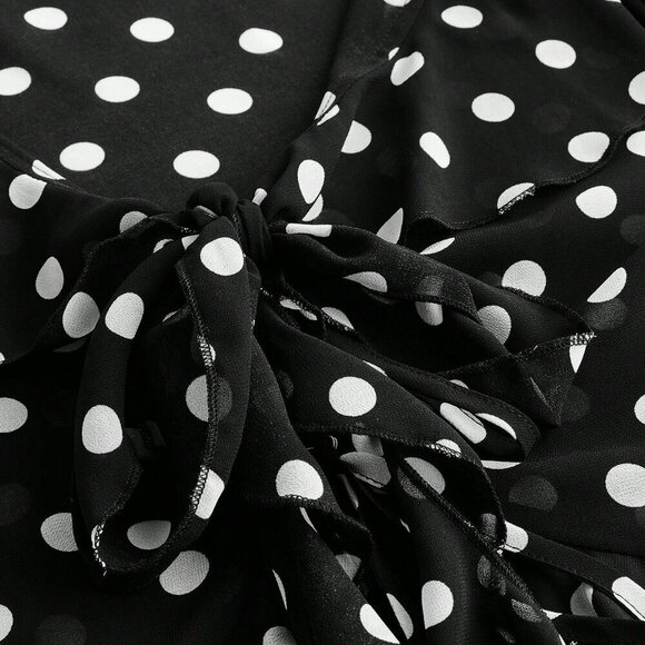 Black Women's Polka Dot Print Design Front Bow Tie Ruffle details blouse - Picture 9 of 11